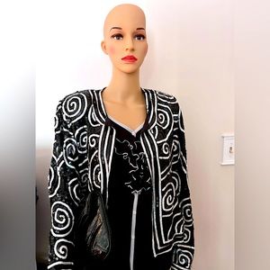 VINTAGE RARE FIND-Valerie Stevens pure silk black & white sequin swirl jacket